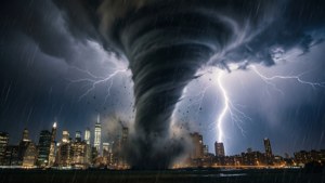 龍捲風在夜間伴隨閃電和雨水襲擊城市 — 龍捲風 壁紙