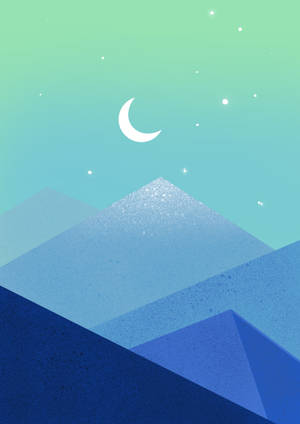 新月和星星下的幾何山脈，背景為青藍色天空。 — 極簡美學 壁紙