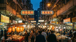 充滿活力的香港夜市，掛滿發光的燈籠和霓虹招牌。