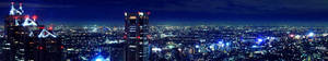 夜間充滿活力的城市天際線，燈火通明的摩天大樓和密集的城市燈光。