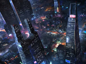 未來城市夜景，閃爍的摩天大樓和霓虹燈。