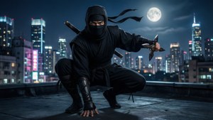 忍者夜晚在屋頂上，在滿月下手持手裏劍，背景有城市燈光。 — 戰士 壁紙