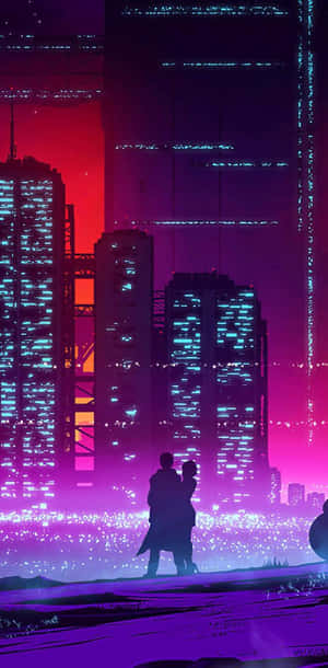 一對情侶在夜晚發光的未來城市中相擁。 — 夜景城市 壁紙