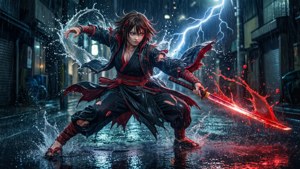 動漫戰士在雨中城市小巷揮舞發光劍，伴隨閃電。