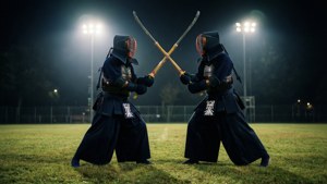 兩名全副武裝的劍道戰士在夜間草地上，於明亮的體育場燈光下交鋒。