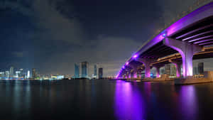 夜晚，紫色燈光橋樑橫跨水面，城市燈光倒映其中。 — 邁阿密熱火 壁紙