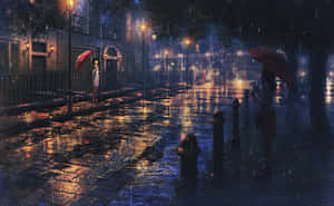 夜晚，兩個撐著紅色雨傘的人站在濕漉漉的城市街道上，在發光的路燈下淋雨。 — 夜景城市 壁紙