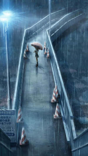 夜晚，一個人在下雨的市區橋樑上撐著粉紅色雨傘獨自行走。 — 雨 壁紙