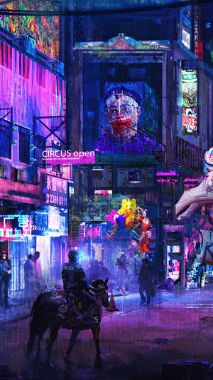 一個孤獨的騎馬人在夜晚走過一條霓虹燈照亮嘅賽博朋克城市街道。