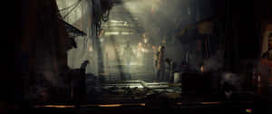 人們在夜晚閃爍燈光下，穿過煙霧和瓦礫遍佈的都市小巷。 — 2560x1080 壁紙