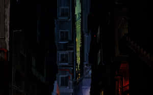 夜晚黑暗的城市小巷，霓虹燈在高樓之間閃爍。 — 暗夜城市 壁紙