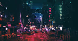 繁忙亞洲城市夜晚的雨夜霓虹小巷，帶有發光招牌和潮濕路面的倒影。 — 夜景城市 壁紙