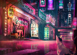 一個女孩坐在雨夜霓虹燈照亮嘅日本城市街道長椅上，有一隻貓喺度睇住。 — 粉紅動漫美學 壁紙