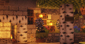 夜晚中舒適的Minecraft村莊房屋，有發光的燈籠和白樺樹。 — 我的世界 壁紙