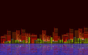 夜晚像素藝術城市天際線，水面上的彩色倒影。 — AMOLED 壁紙