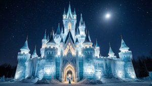 在滿月下，繁星點點的夜空中閃耀的冰城堡。 — 冰雪奇緣 壁紙