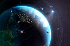 從太空看地球，周圍有衛星和數據連接發光。 — 3:2 壁紙