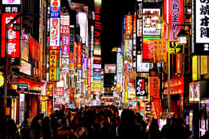 夜晚東京擁擠的街道，被色彩繽紛的霓虹招牌和發光的廣告牌照亮。