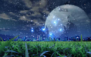 星空下閃爍的城市天際線和巨型月亮的草地 — 湖 壁紙