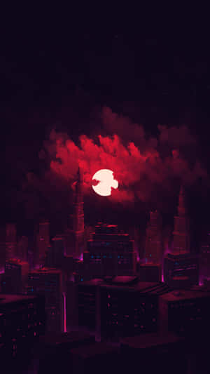 一輪發光的紅月升起在未來主義城市上空，夜晚伴隨著紫色燈光和烏雲。 — 暗色 壁紙