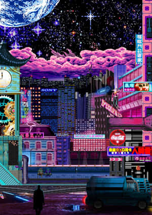 像素藝術城市景觀，夜晚有霓虹招牌和巨大月亮。 — iPad (A16) 壁紙