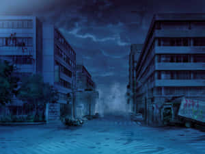 廢棄車輛排列在雨中的城市街道上，暴風雨夜空下。 — 霓虹紫色美學 壁紙