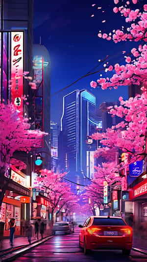 粉紅色櫻花沿著夜晚的霓虹燈城市街道盛開，有發光的招牌和一輛紅色汽車在潮濕的路面上。 — 日本 壁紙