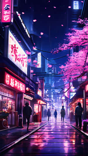 夜晚東京一條霓虹燈照亮的小巷，櫻花和行人走在濕漉漉的人行道上。 — 日本 壁紙
