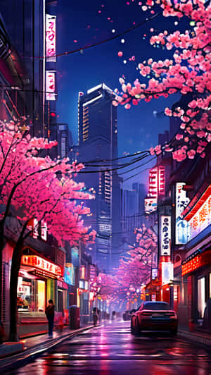 粉紅櫻花在雨夜霓虹燈照亮的城市街道上盛開，伴隨著汽車和發光的招牌。 — 粉紅動漫美學 壁紙