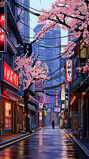 日本一條雨夜的街道，櫻花和發光的霓虹招牌在潮濕的路面上反射。 — 日本 壁紙