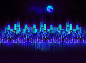 夜晚霓虹燈城市天際線，發光建築物同天空嘅卡通月亮。 — 超音鼠 壁紙