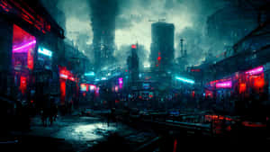 未來感十足的夜晚城市街道，霓虹燈光與雨濕的人行道。 — 夜景城市 壁紙
