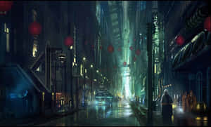 夜晚未來主義的城市街道，紅色燈籠和潮濕路面反射霓虹燈光。 — 城市景觀 壁紙