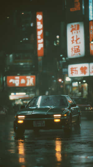 深色轎車在雨天的東京街道上行駛，霓虹招牌在濕路面上反射 — 霓虹 壁紙