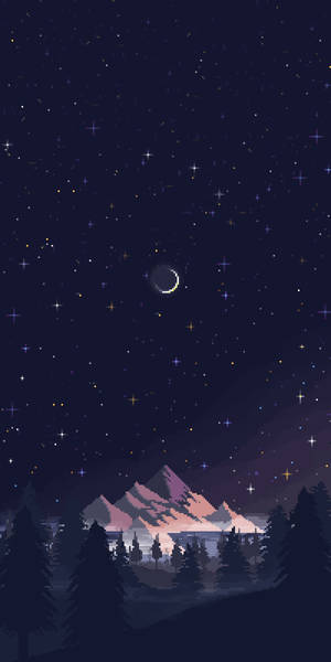 像素化夜空，星星和新月在雪山和松樹上方。 — 極簡美學 壁紙