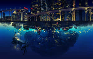 夜晚城市倒影下船上的人