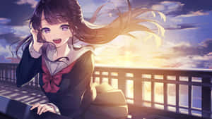 動漫女孩穿著校服在夕陽下的橋上微笑。 — 可愛動漫女仔 壁紙