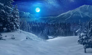 明亮的滿月下，松樹和星星環繞的雪山山谷。 — 月色夜空 壁紙