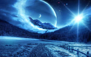 冰凍湖泊，外星行星和彎月，星光。 — 月色夜空 壁紙