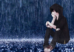 動漫角色穿著黑色連帽衫，獨自坐在傾盆大雨中，伴隨著發光的藍色水滴。