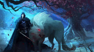 戰士持劍站在發光的白狼旁邊，背景是夜晚雪中帶紅花的樹。 — 權力遊戲 第八季 壁紙