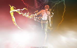 動漫戰士在閃電暴風雨中揮舞發光鐮刀。