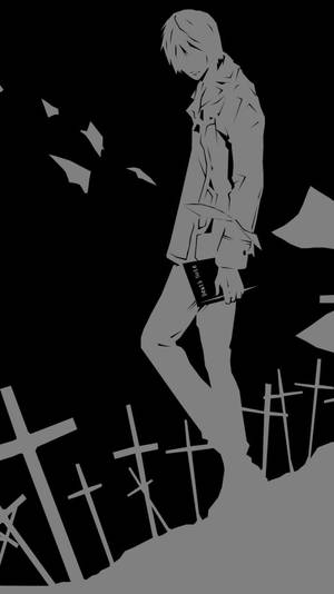 動漫男孩穿著風衣，在墓地十字架中拿著書的灰階圖像。
