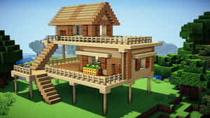 在Minecraft中建造的木製樹屋，有樓梯和陽台，周圍環繞著樹木。