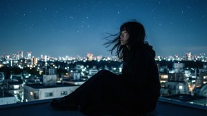 女人獨自坐在屋頂上，俯瞰星空下的城市燈光。