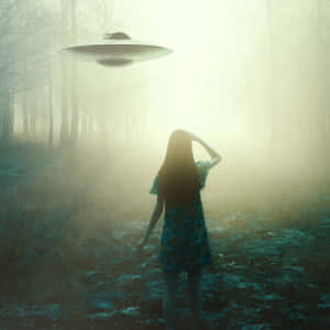 女人在森林中透過迷霧觀看UFO