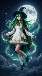 一位綠髮女巫在滿月下漂浮於夜空中，被發光的魔法包圍。