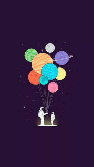 兩名太空人在繁星點點的紫色天空下手持彩色行星氣球。 — 夜空 壁紙
