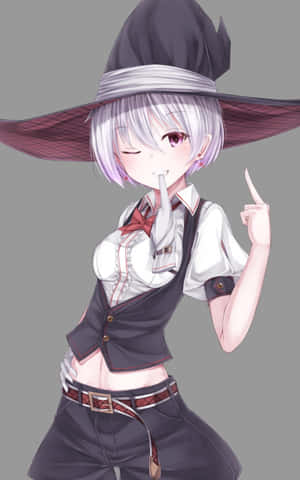 銀色頭髮的動漫女巫眨眼並將手指放在嘴唇上。