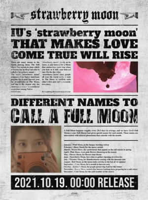 關於IU的strawberry moon專輯發行的報紙文章，附有粉紅月亮圖案。 — 淺粉紅色 壁紙